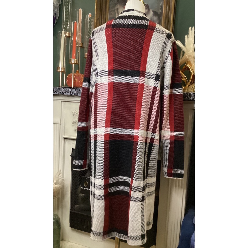 I.N. Studio Woman Red Black White Plaid Longline Cardigan Duster 1X NWT - Picture 4 of 6